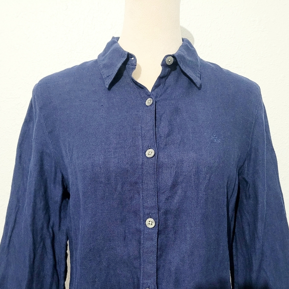 Lauren Ralph Lauren Women’s 100% Linen Button-Front Shirt Blouse Blue Size Small - Picture 2 of 10